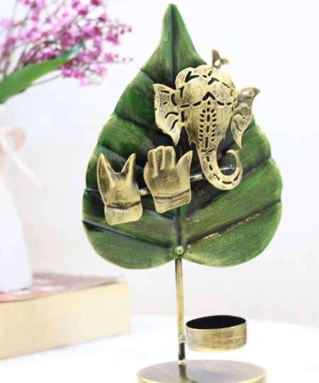 Handcrafted Iron Ganesh Leaf Tea Light Holder | 9.5-Inch Spiritual Shadow-Play Candle Stand