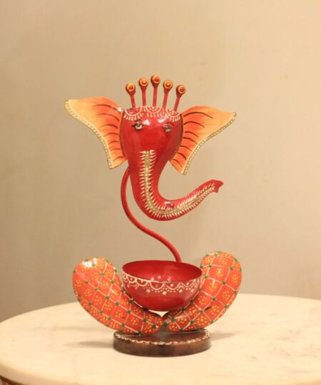 Handcrafted Red Iron Ganesh Leaf Tea Light Holder | 10-Inch Spiritual Shadow-Play Candle Stand
