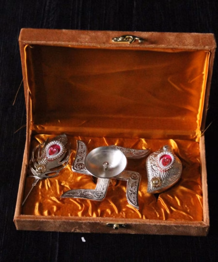 Premium German Silver Swastik Diya & Tilak Chopra Set | 3-Piece Meenakari Pooja Gift Box