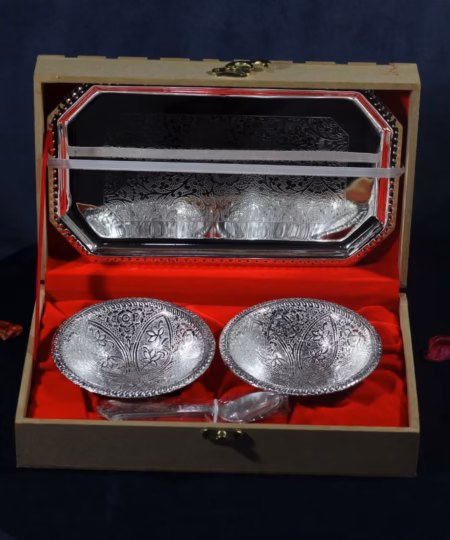 Premium Silver-Plated Brass Serving Set | 2 Engraved Bowls, Tray & Spoons in Velvet Box