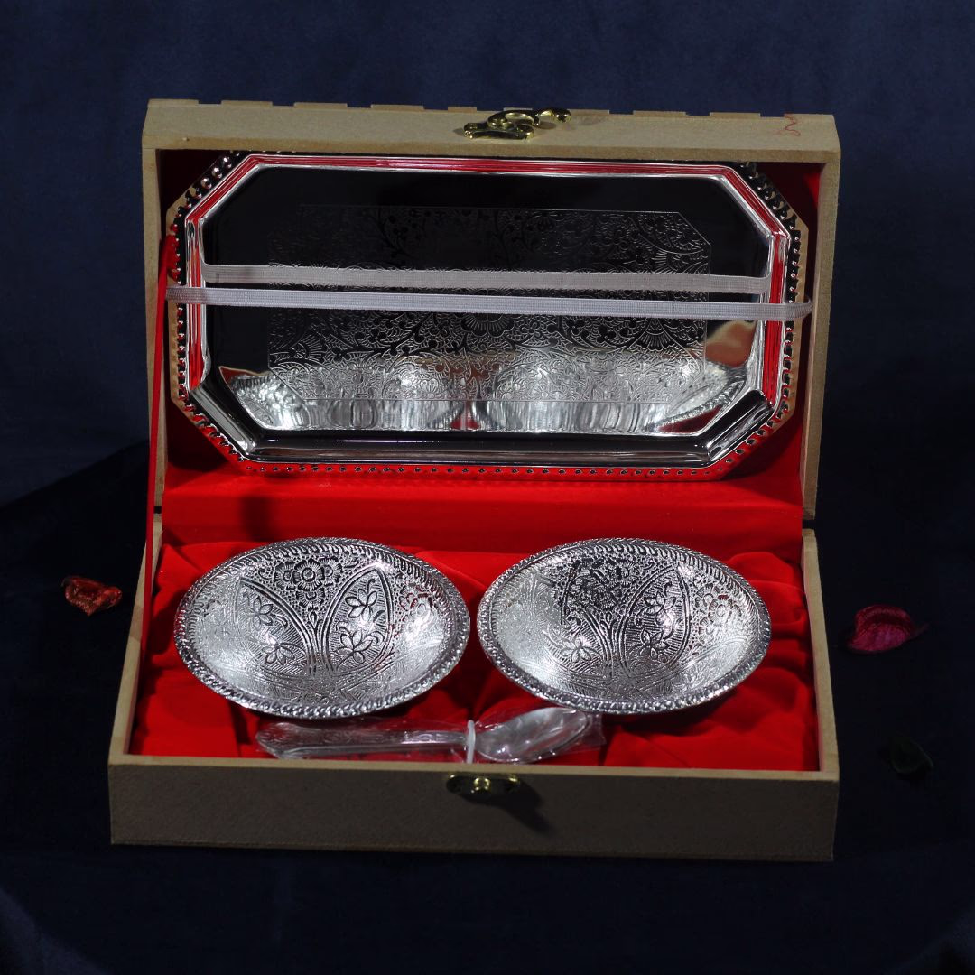 Premium Silver-Plated Brass Serving Set | 2 Engraved Bowls, Tray & Spoons in Velvet Box