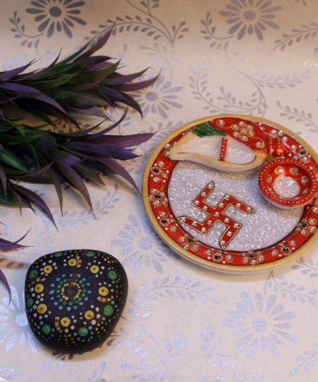 Handcrafted Marble Swastik & Shankh Pooja Thali | Meenakari Art Plate with Diya (6-Inch)