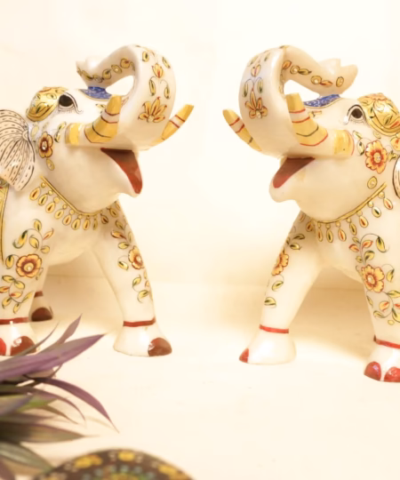 White Marble Elephant Statue Pair | Meenakari Painted Vastu Decor (6-Inch)