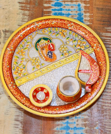 Handcrafted Marble Ganesha Pooja Thali Set | Meenakari & Stone Work Plate (9-Inch)
