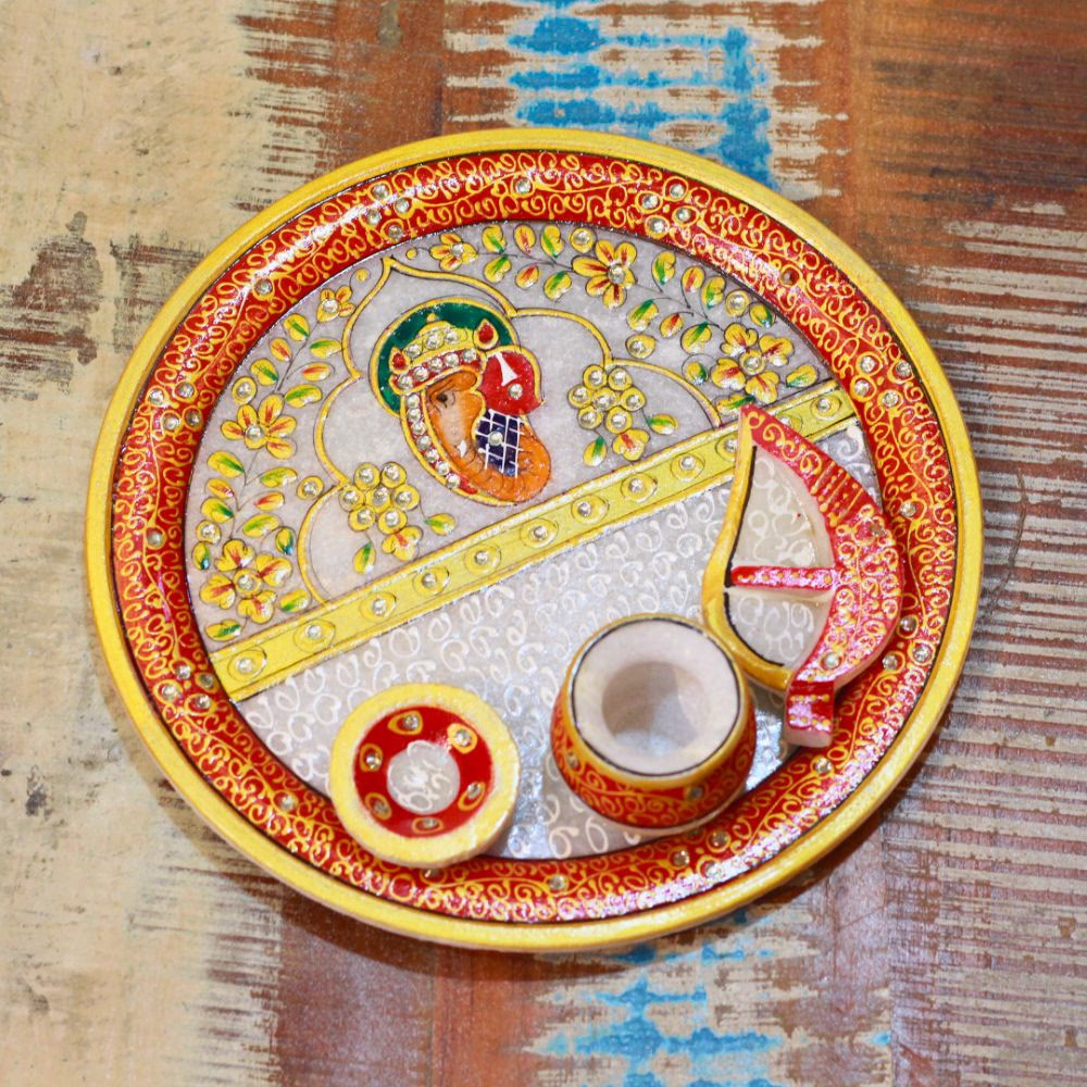 Handcrafted Marble Ganesha Pooja Thali Set | Meenakari & Stone Work Plate (9-Inch)